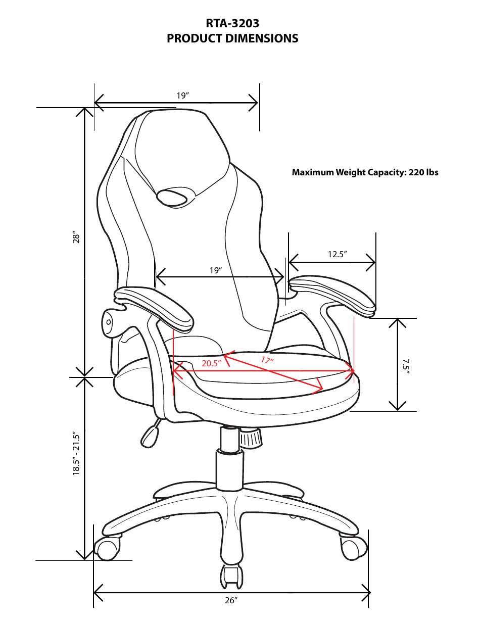 Rta-3023 product dimensions, Rta-3203 product dimensions | RTA Products RTA-3203 User Manual | Page 2 / 3