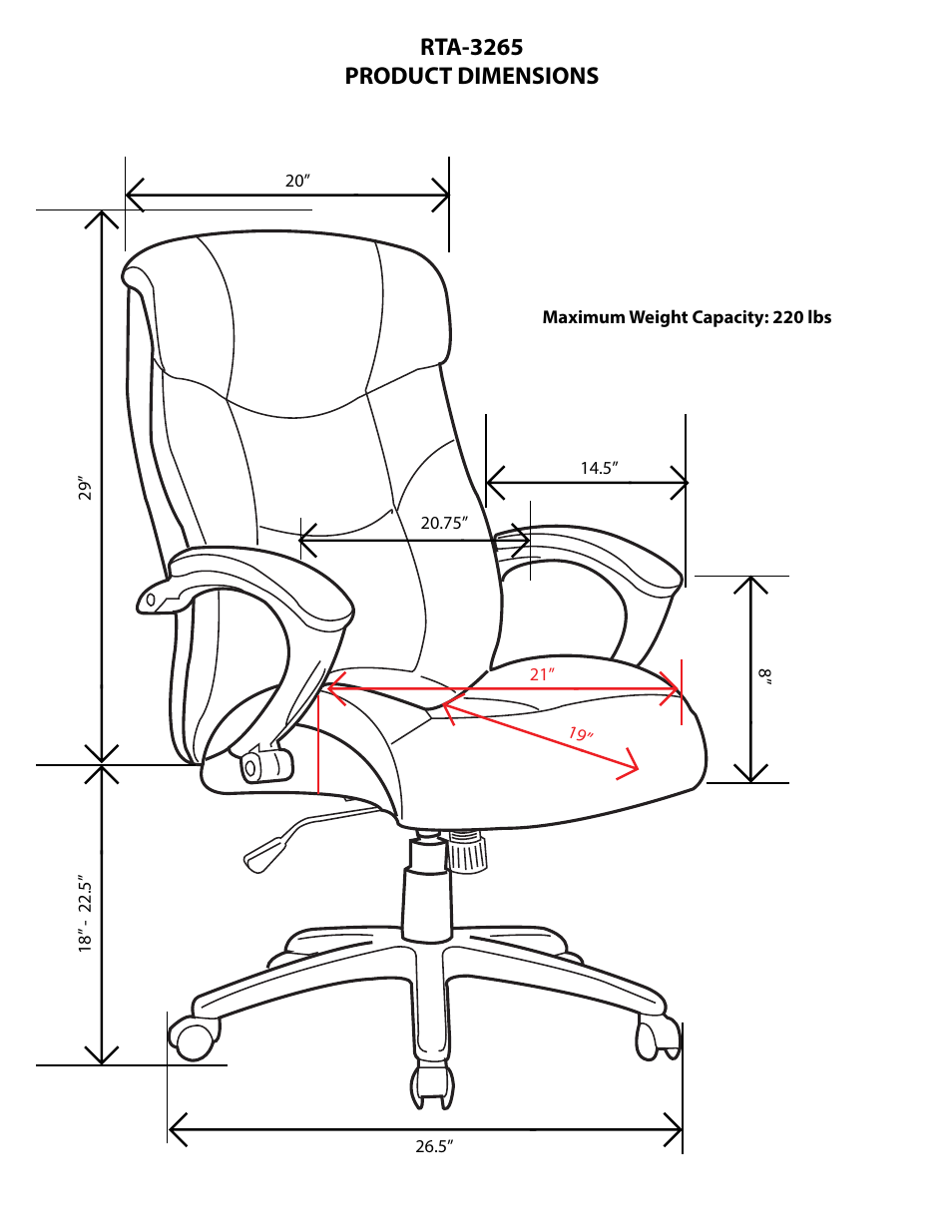 Rta-3265 product dimensions | RTA Products RTA-3265 User Manual | Page 2 / 3