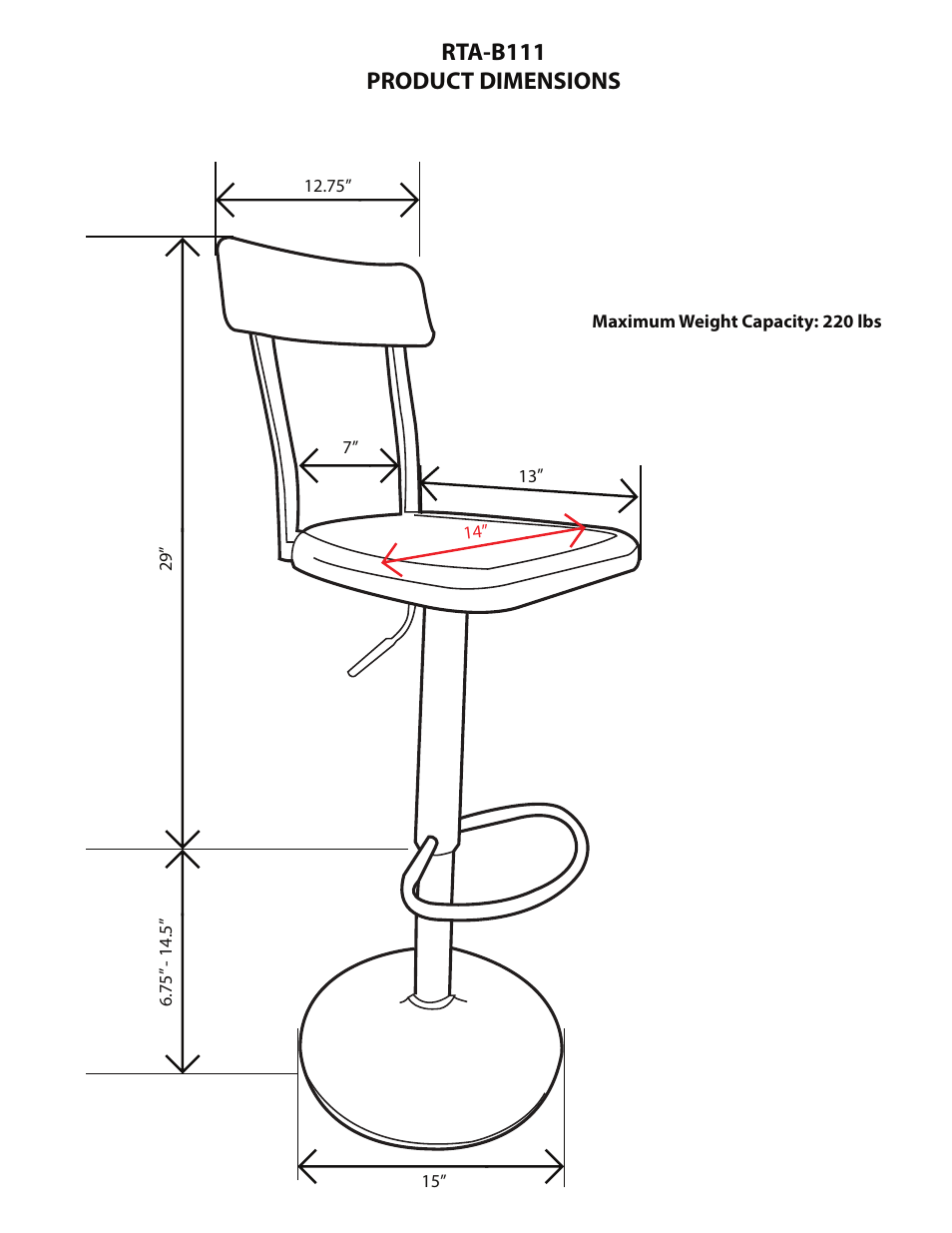 Rta-b111 product dimensions | RTA Products RTA-B111 User Manual | Page 2 / 3