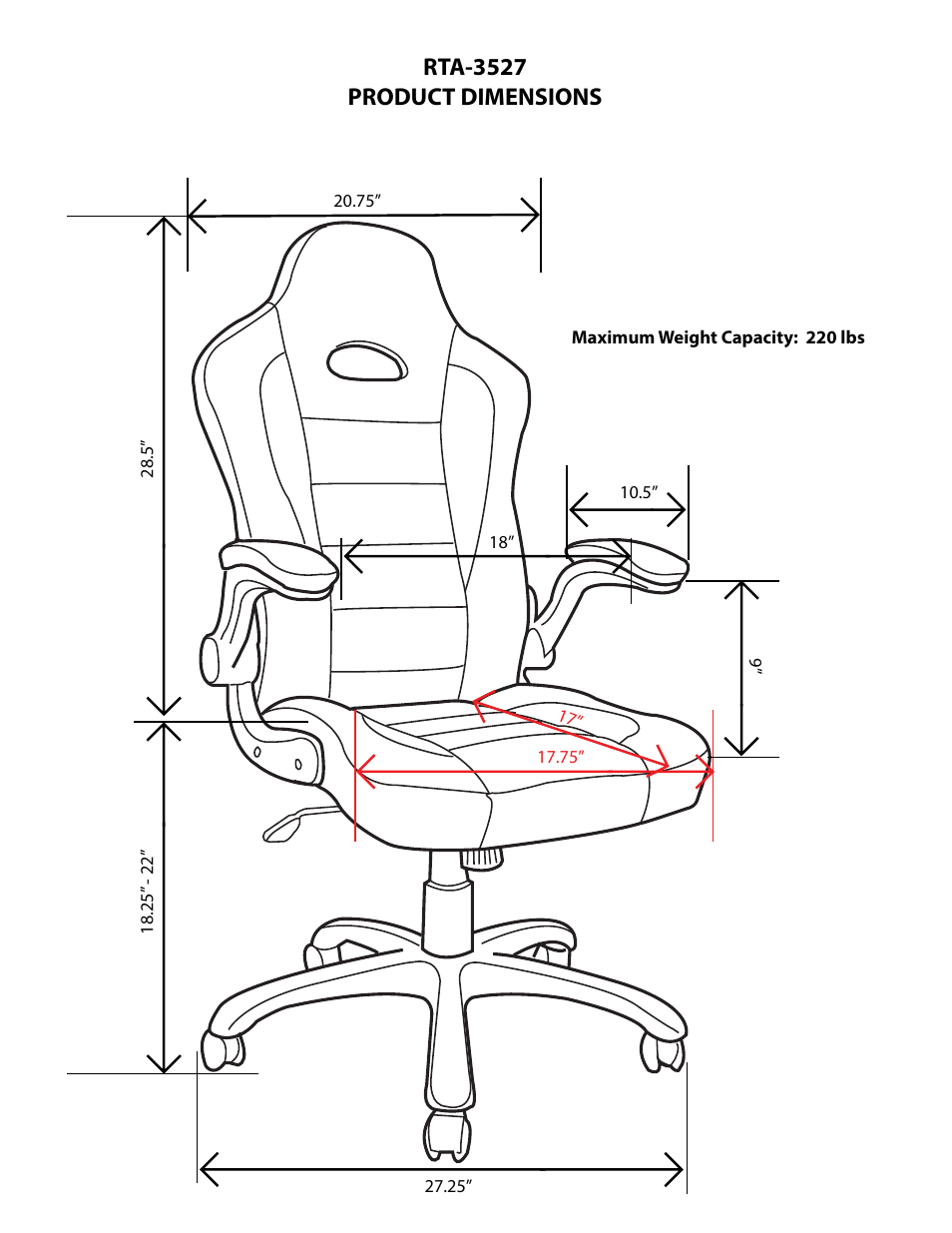 Rta-3527 product dimensions | RTA Products RTA-3527 User Manual | Page 2 / 3