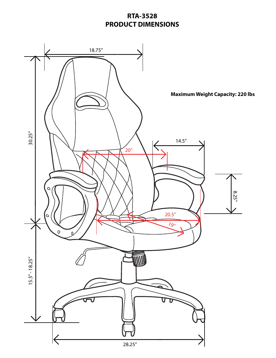 Rta-3528 product dimensions | RTA Products RTA-3528 User Manual | Page 2 / 3