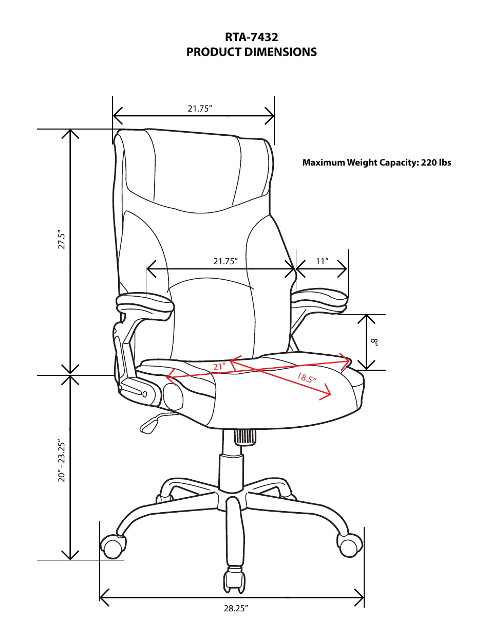 Rta-7432 product dimensions | RTA Products RTA-7432 User Manual | Page 2 / 3