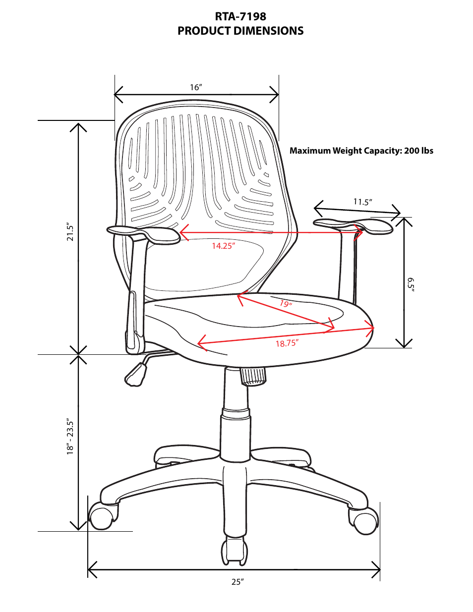 Rta-7198 product dimensions | RTA Products RTA-7198 User Manual | Page 2 / 3