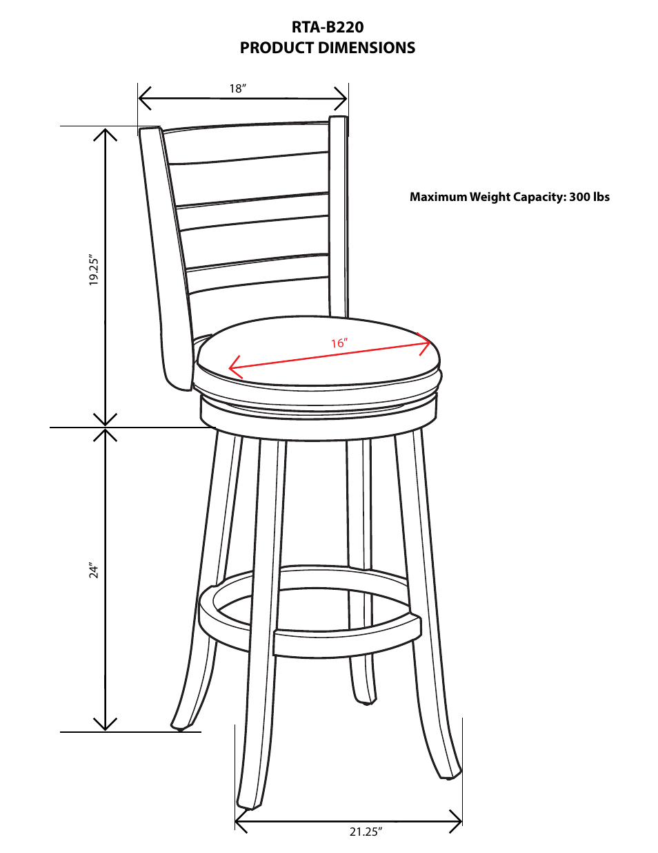 Rta-b220 product dimensions | RTA Products RTA-B220 User Manual | Page 2 / 3