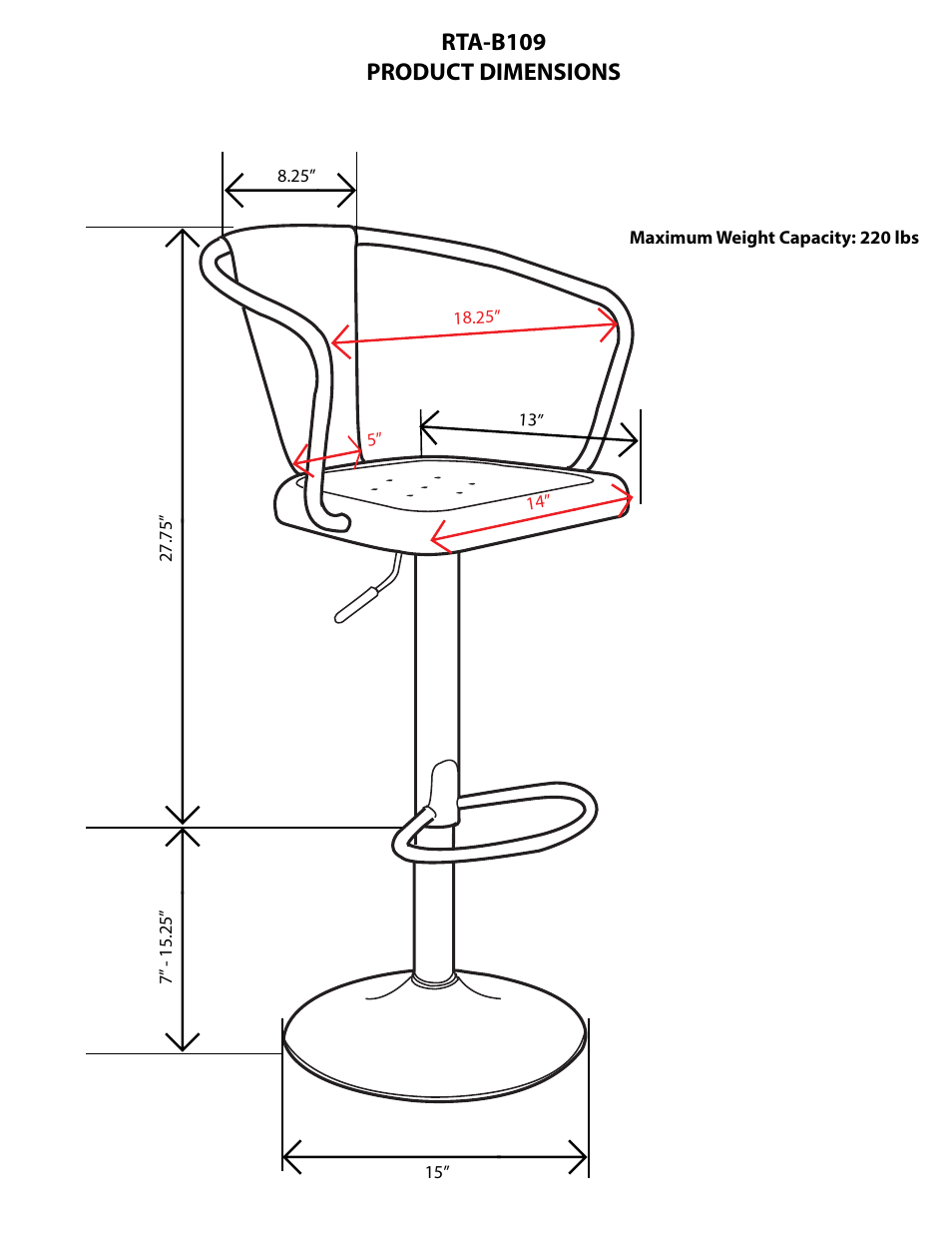 Rta-b109 product dimensions | RTA Products RTA-B109 User Manual | Page 2 / 3