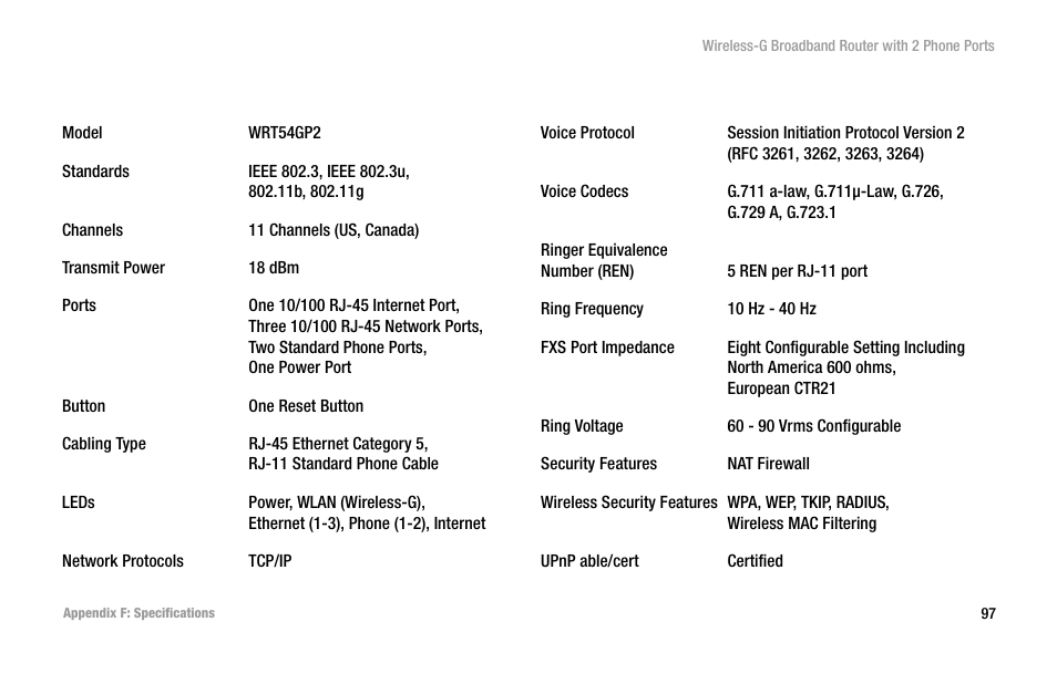 Appendix f: specifications | Cisco WIRELESS-G WRT54GP2 User Manual | Page 103 / 112