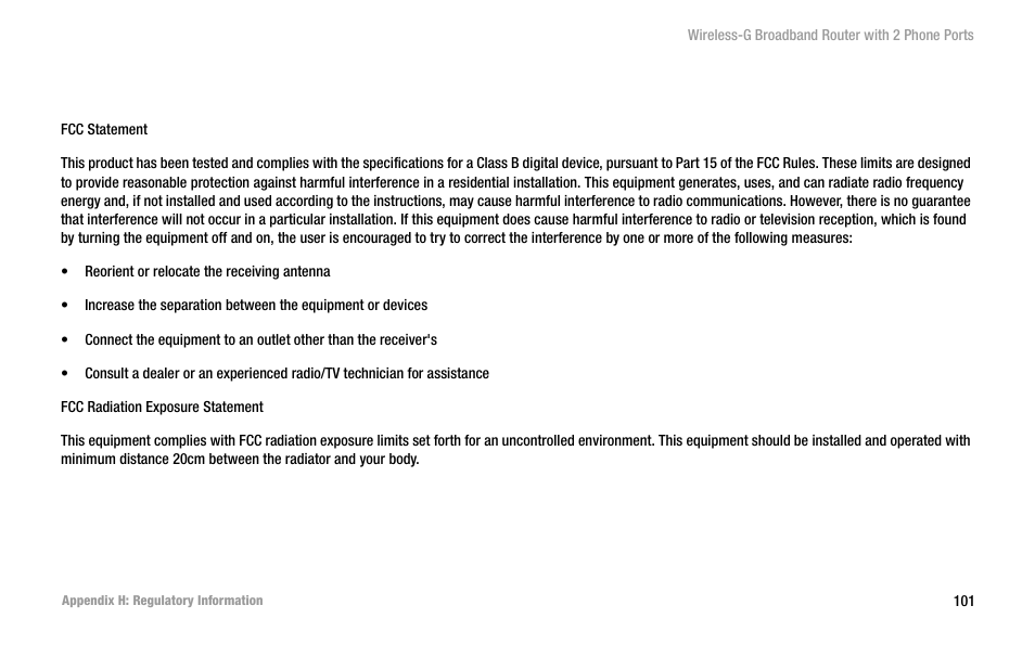 Appendix h: regulatory information | Cisco WIRELESS-G WRT54GP2 User Manual | Page 107 / 112