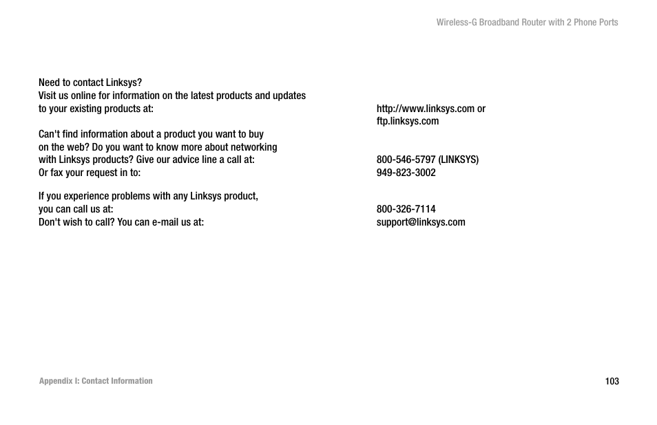 Appendix i: contact information | Cisco WIRELESS-G WRT54GP2 User Manual | Page 109 / 112