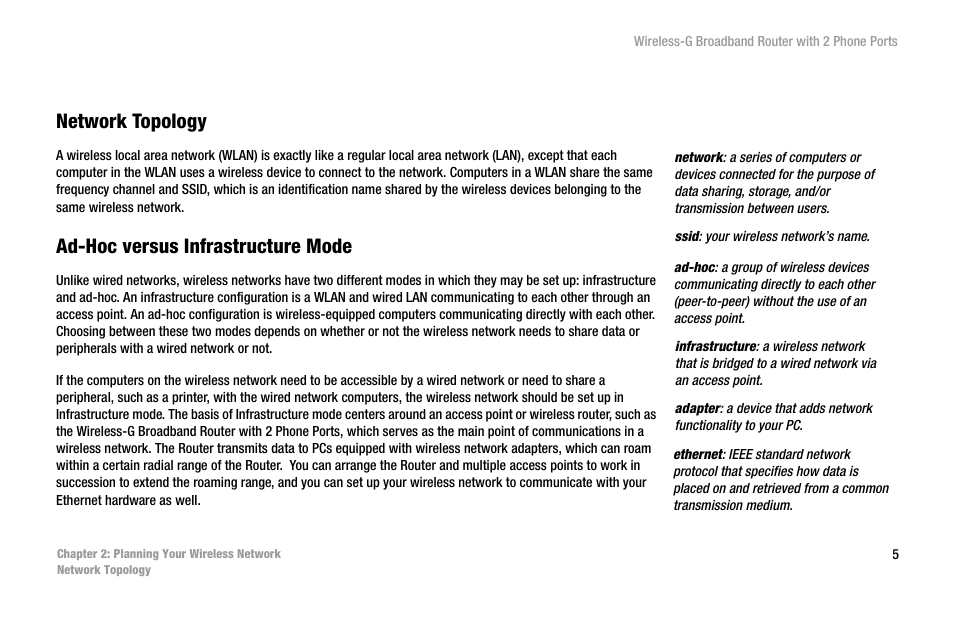 Chapter 2: planning your wireless network, Network topology, Ad-hoc versus infrastructure mode | Cisco WIRELESS-G WRT54GP2 User Manual | Page 11 / 112