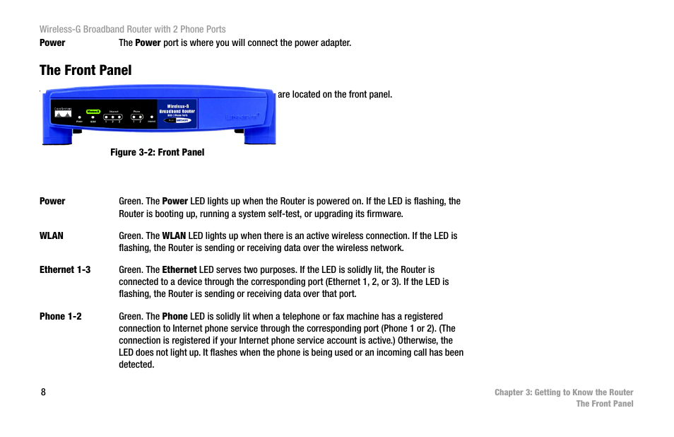 The front panel | Cisco WIRELESS-G WRT54GP2 User Manual | Page 14 / 112