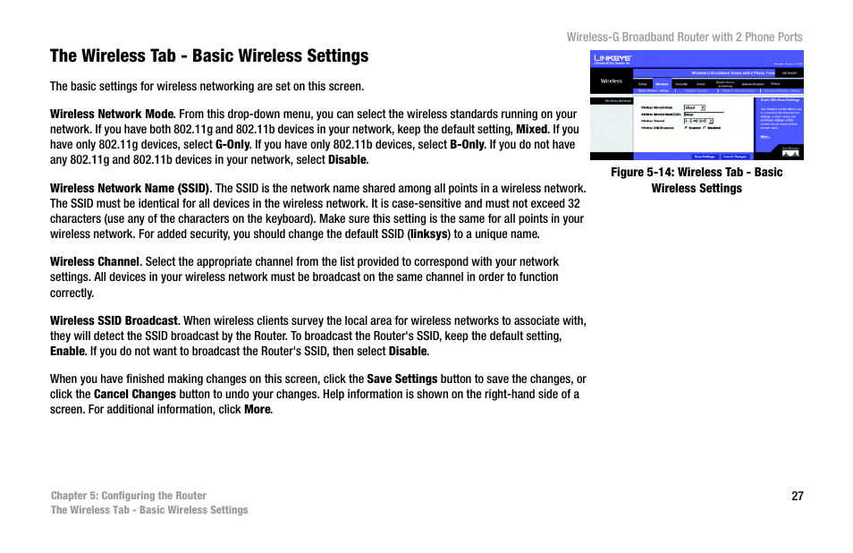 The wireless tab - basic wireless settings | Cisco WIRELESS-G WRT54GP2 User Manual | Page 35 / 112