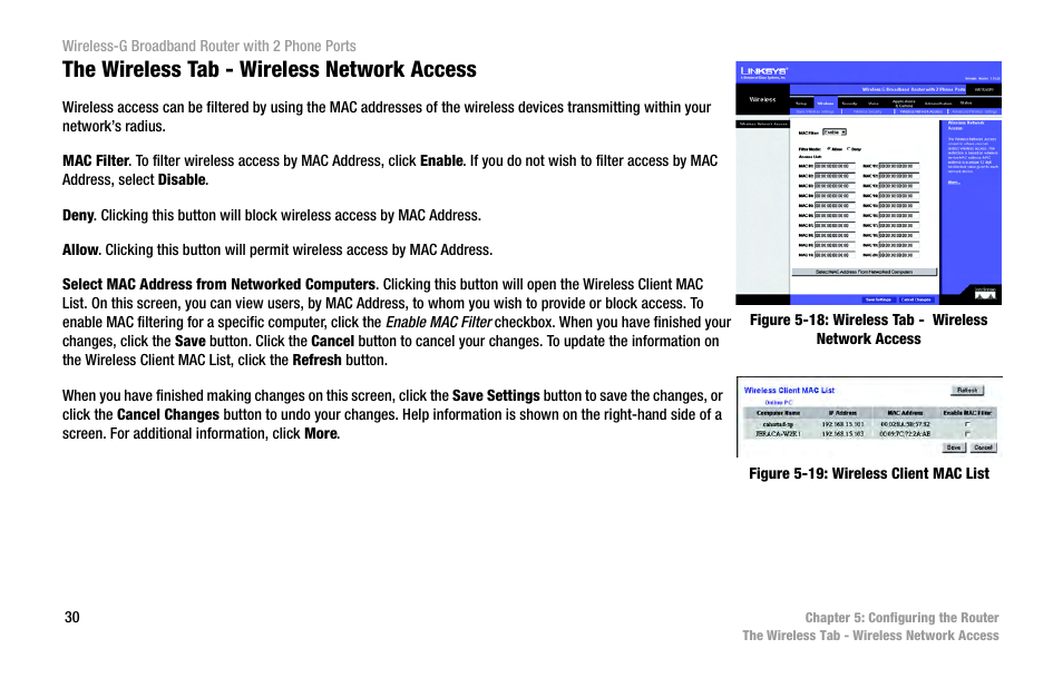 The wireless tab - wireless network access | Cisco WIRELESS-G WRT54GP2 User Manual | Page 38 / 112