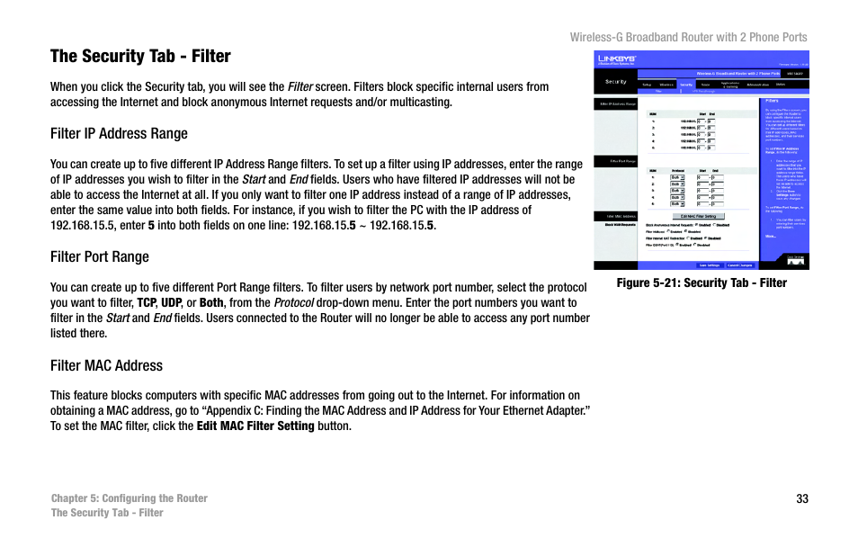 The security tab - filter | Cisco WIRELESS-G WRT54GP2 User Manual | Page 41 / 112