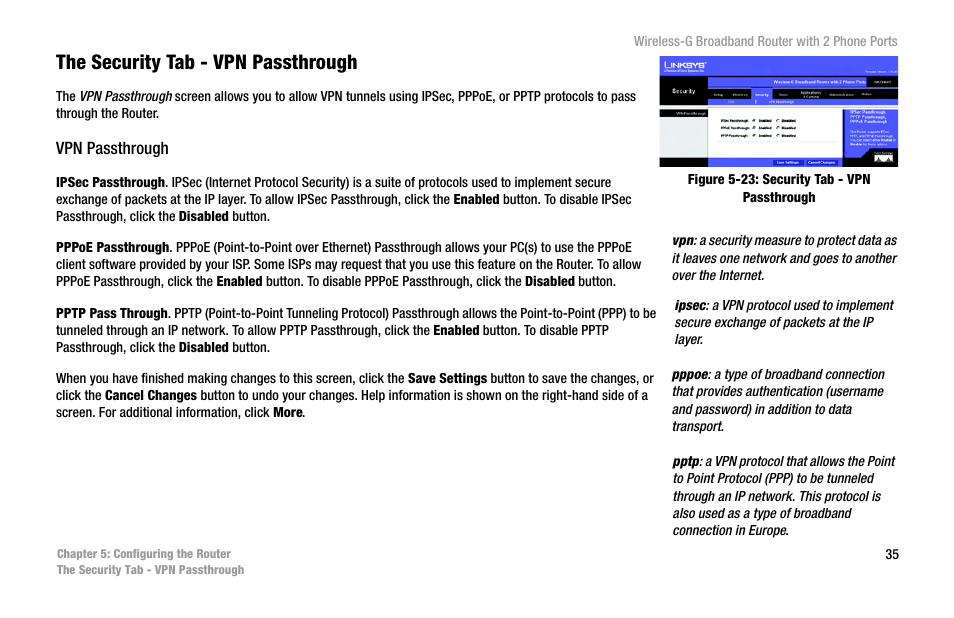 The security tab - vpn passthrough | Cisco WIRELESS-G WRT54GP2 User Manual | Page 43 / 112