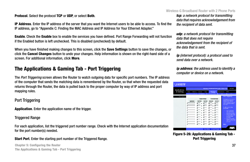 The applications & gaming tab - port triggering | Cisco WIRELESS-G WRT54GP2 User Manual | Page 45 / 112