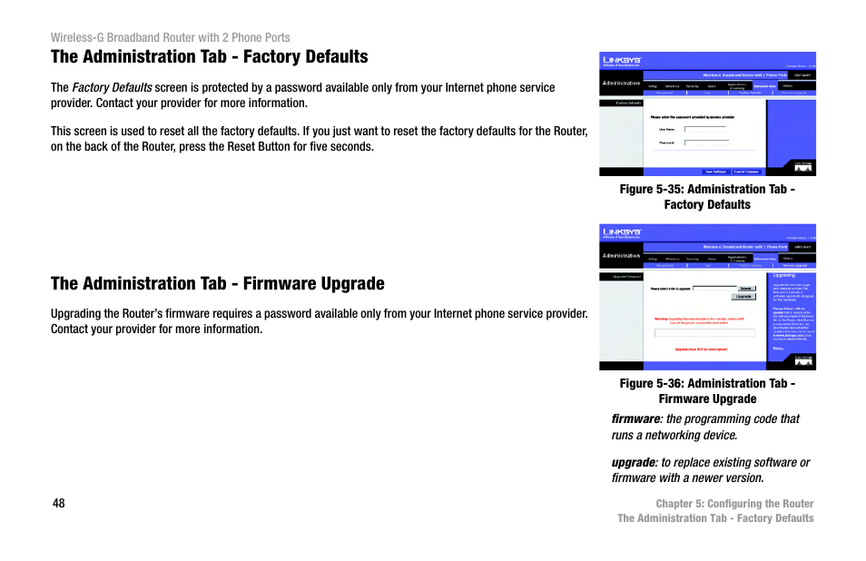 The administration tab - factory defaults, The administration tab - firmware upgrade | Cisco WIRELESS-G WRT54GP2 User Manual | Page 56 / 112