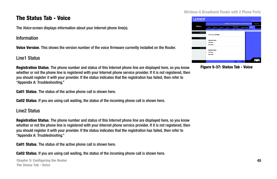 The status tab - voice | Cisco WIRELESS-G WRT54GP2 User Manual | Page 57 / 112