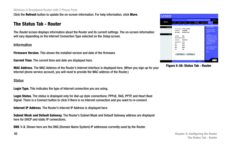 The status tab - router | Cisco WIRELESS-G WRT54GP2 User Manual | Page 58 / 112