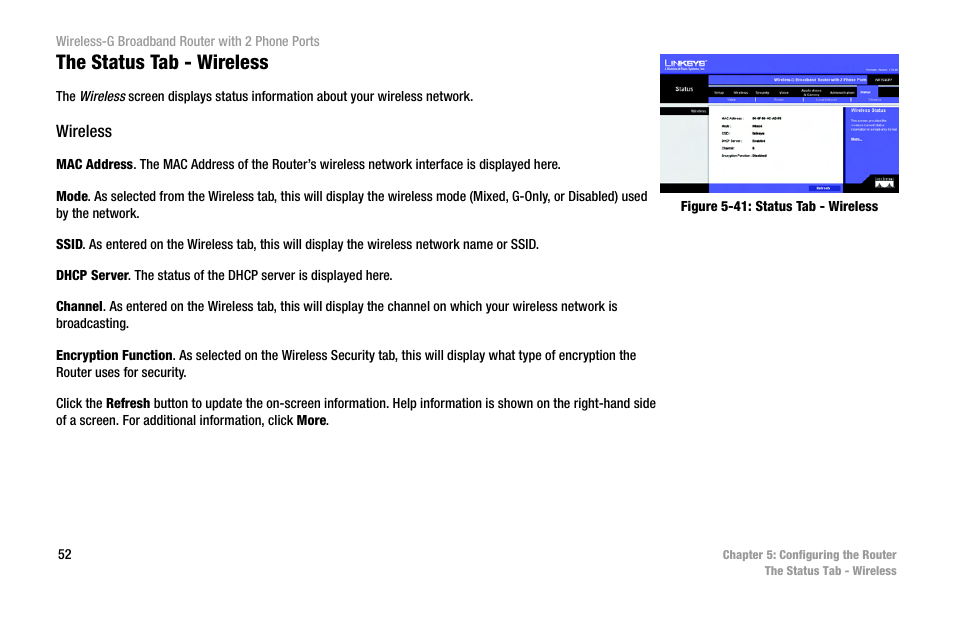 The status tab - wireless | Cisco WIRELESS-G WRT54GP2 User Manual | Page 60 / 112