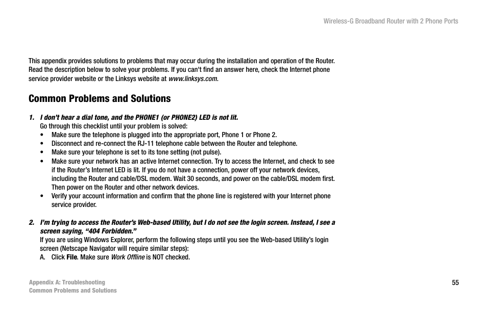 Appendix a: troubleshooting, Common problems and solutions | Cisco WIRELESS-G WRT54GP2 User Manual | Page 61 / 112