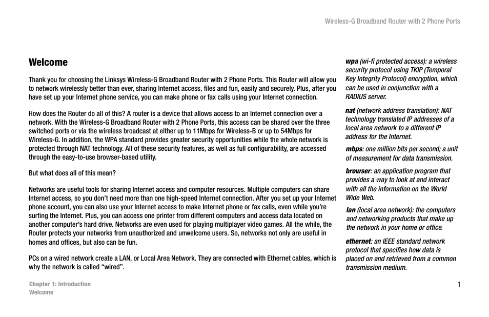 Chapter 1: introduction, Welcome | Cisco WIRELESS-G WRT54GP2 User Manual | Page 7 / 112