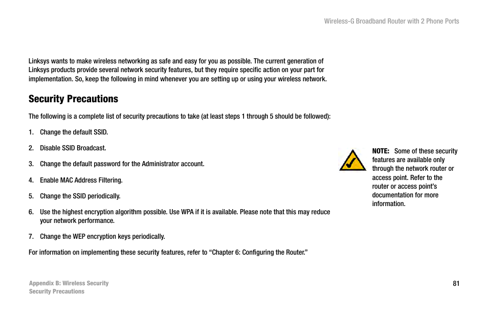 Appendix b: wireless security, Security precautions | Cisco WIRELESS-G WRT54GP2 User Manual | Page 87 / 112