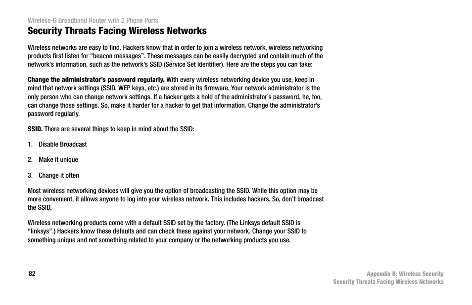 Security threats facing wireless networks | Cisco WIRELESS-G WRT54GP2 User Manual | Page 88 / 112