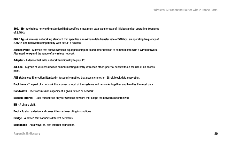 Appendix e: glossary | Cisco WIRELESS-G WRT54GP2 User Manual | Page 95 / 112