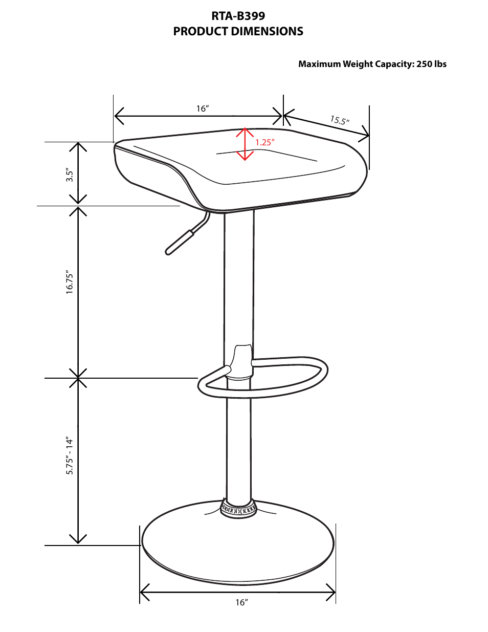 Rta-b399 product dimensions | RTA Products RTA-B399 User Manual | Page 2 / 3