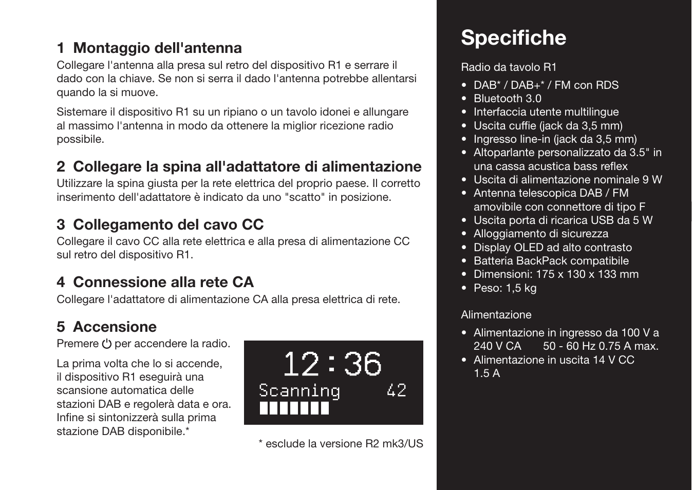 Specifi che, 1 montaggio dell'antenna, 3 collegamento del cavo cc | 4 connessione alla rete ca, 5 accensione | Ruark Audio R1 (mk3) User Manual | Page 107 / 160
