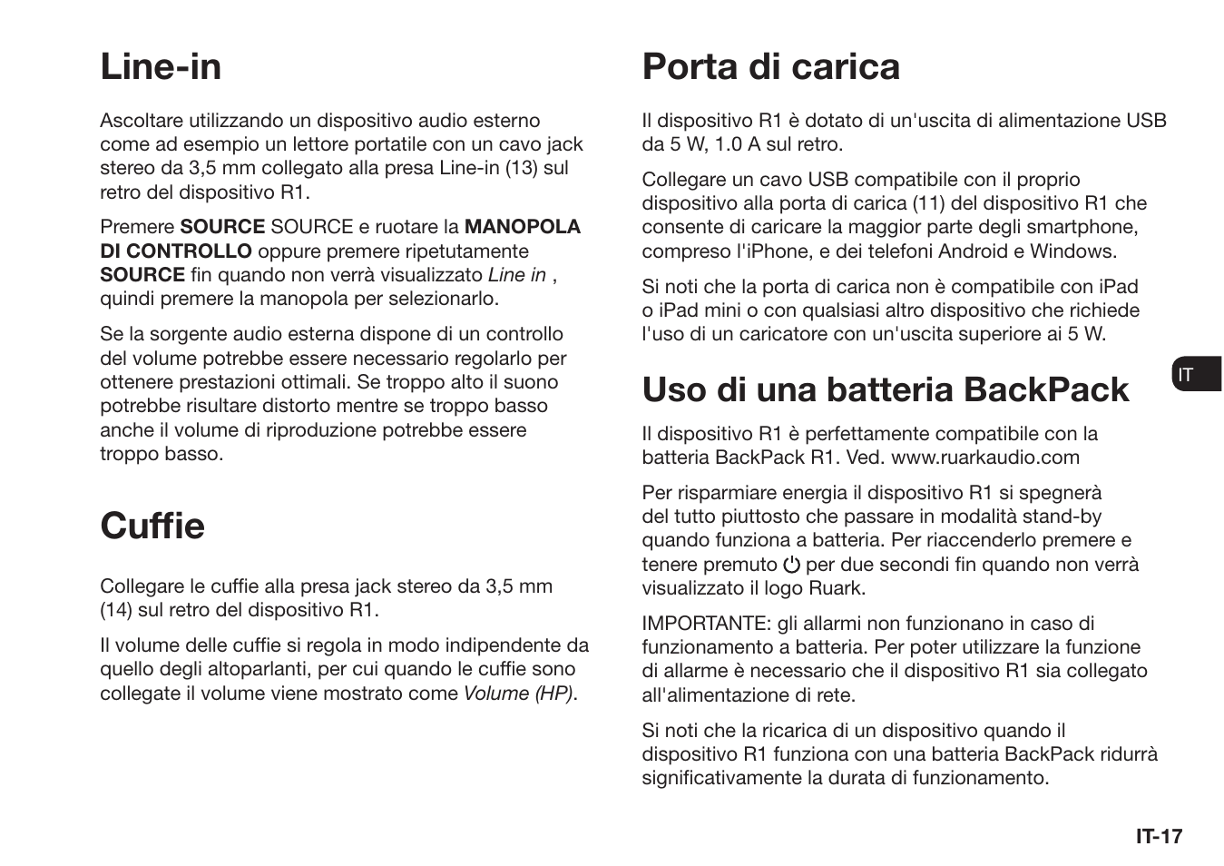 Line-in porta di carica, Cuffi e, Uso di una batteria backpack | Ruark Audio R1 (mk3) User Manual | Page 117 / 160