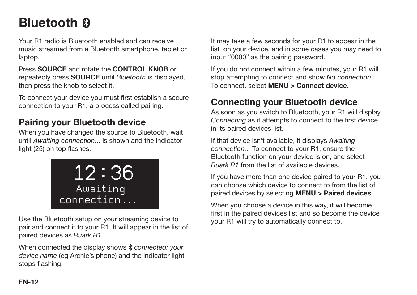 Bluetooth, Pairing your bluetooth device, Connecting your bluetooth device | Ruark Audio R1 (mk3) User Manual | Page 12 / 160