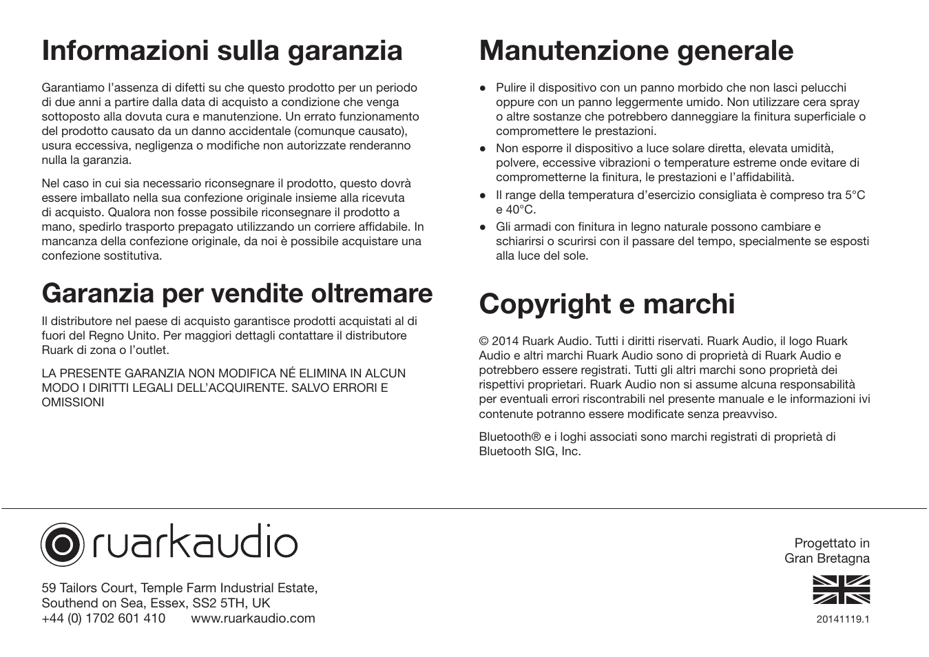 Informazioni sulla garanzia, Manutenzione generale, Copyright e marchi | Garanzia per vendite oltremare | Ruark Audio R1 (mk3) User Manual | Page 120 / 160