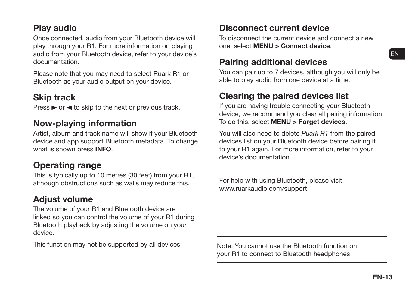 Play audio, Skip track, Now-playing information | Operating range, Adjust volume, Disconnect current device, Pairing additional devices, Clearing the paired devices list | Ruark Audio R1 (mk3) User Manual | Page 13 / 160