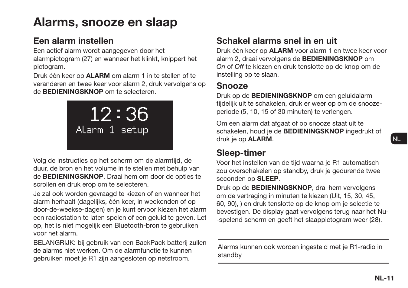 Alarms, snooze en slaap, Een alarm instellen, Schakel alarms snel in en uit | Snooze, Sleep-timer | Ruark Audio R1 (mk3) User Manual | Page 131 / 160