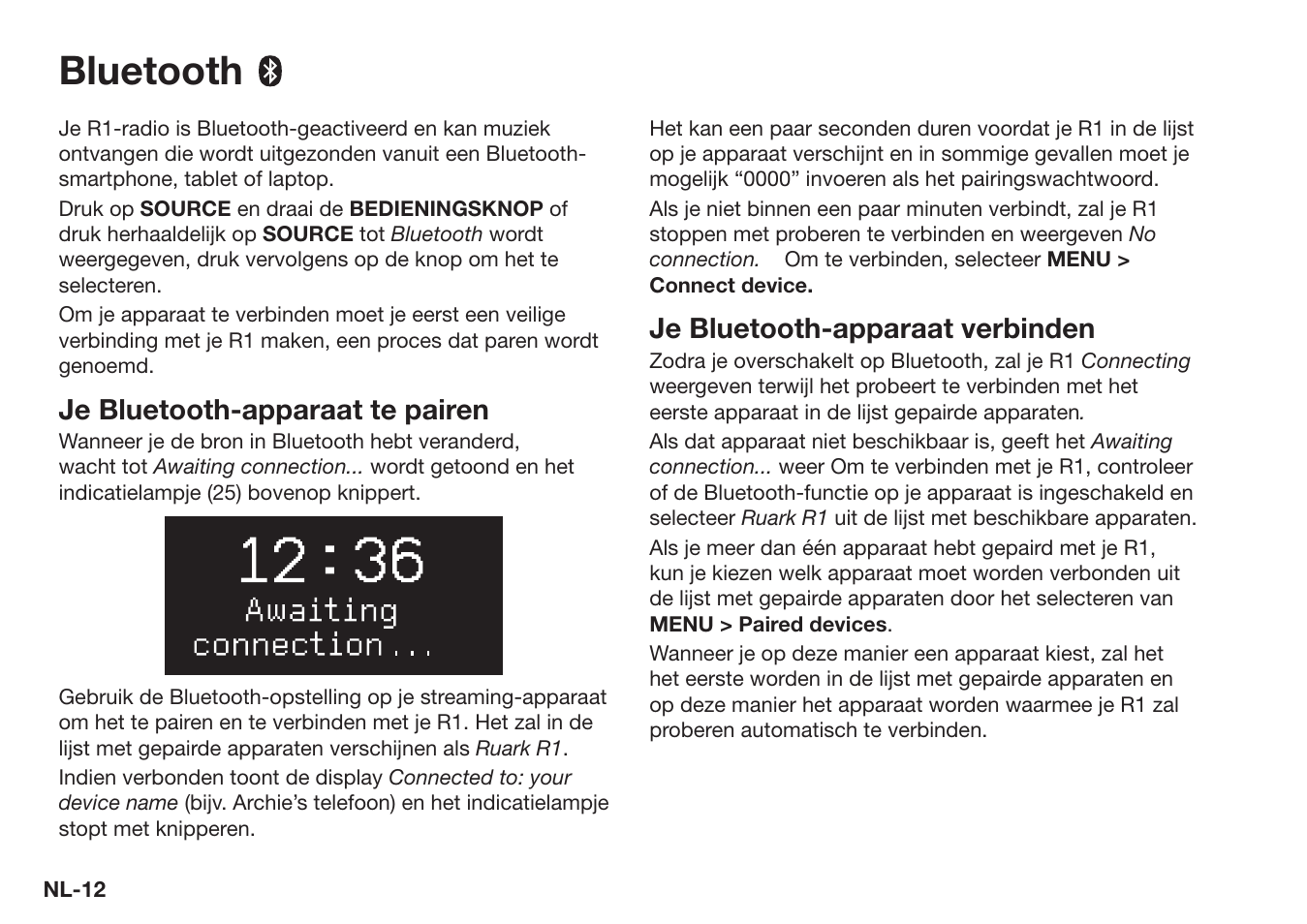 Bluetooth, Je bluetooth-apparaat te pairen, Je bluetooth-apparaat verbinden | Ruark Audio R1 (mk3) User Manual | Page 132 / 160