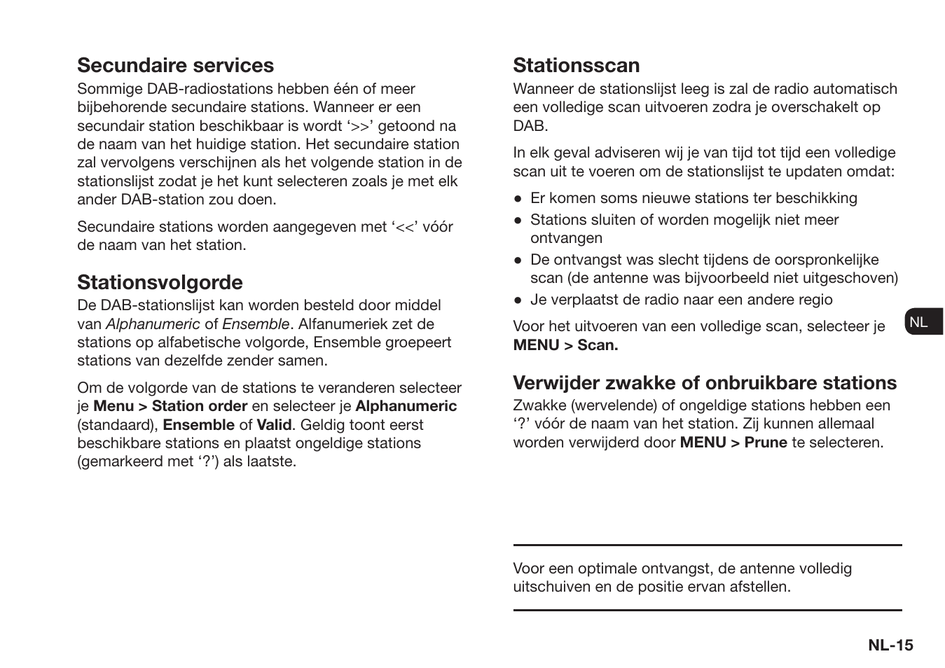 Secundaire services, Stationsvolgorde, Stationsscan | Verwijder zwakke of onbruikbare stations | Ruark Audio R1 (mk3) User Manual | Page 135 / 160