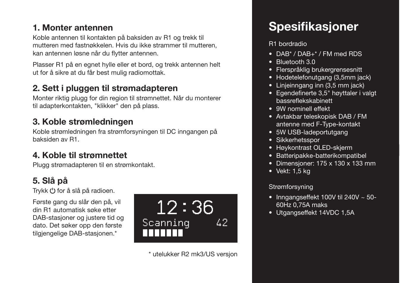 Spesifi kasjoner, Monter antennen, Sett i pluggen til strømadapteren | Koble strømledningen, Koble til strømnettet, Slå på | Ruark Audio R1 (mk3) User Manual | Page 147 / 160