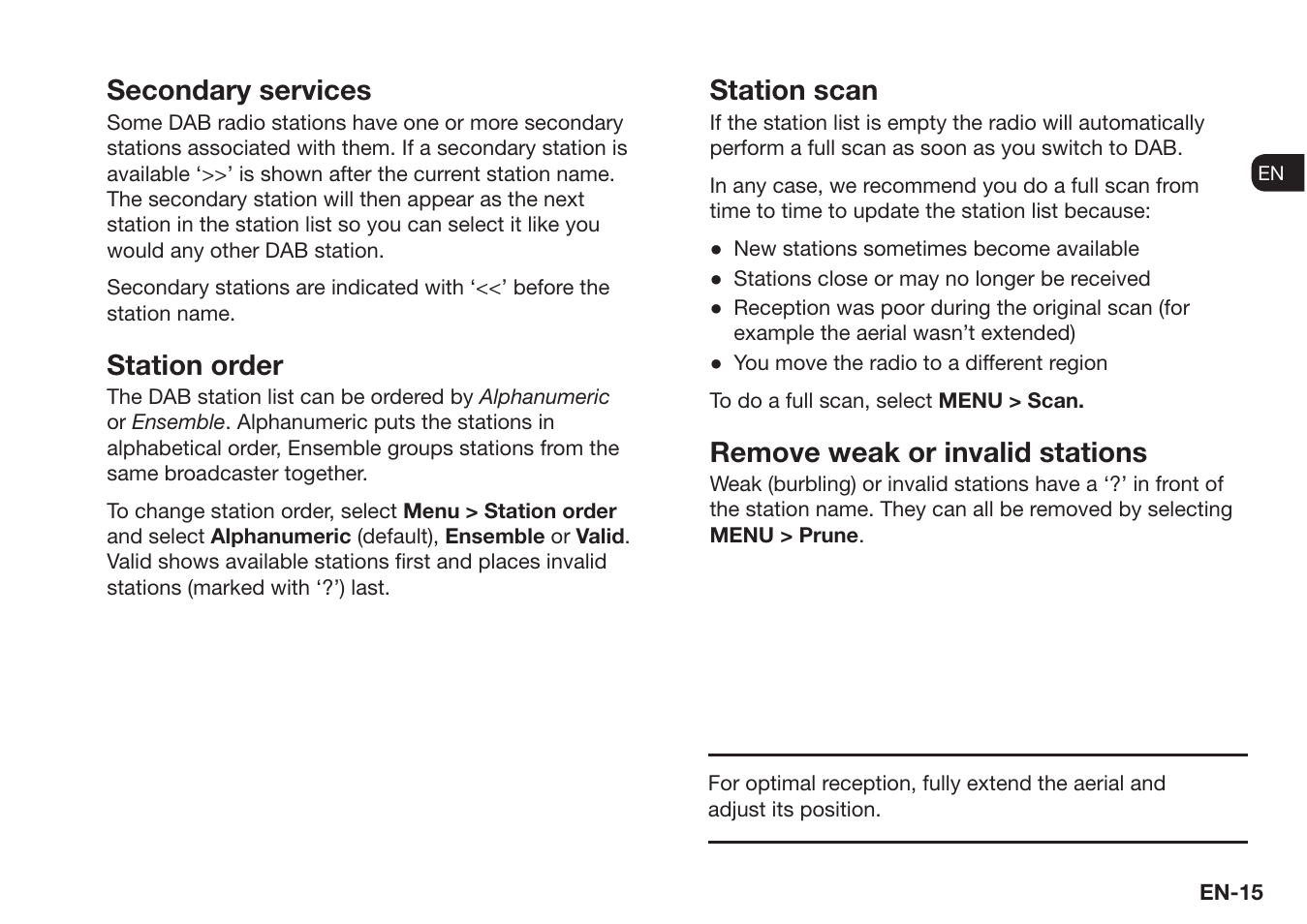 Secondary services, Station order, Station scan | Remove weak or invalid stations | Ruark Audio R1 (mk3) User Manual | Page 15 / 160