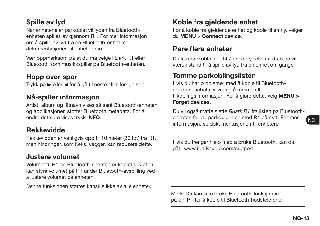 Spille av lyd, Hopp over spor, Nå-spiller informasjon | Rekkevidde, Justere volumet, Koble fra gjeldende enhet, Pare fl ere enheter, Tømme parkoblingslisten | Ruark Audio R1 (mk3) User Manual | Page 153 / 160