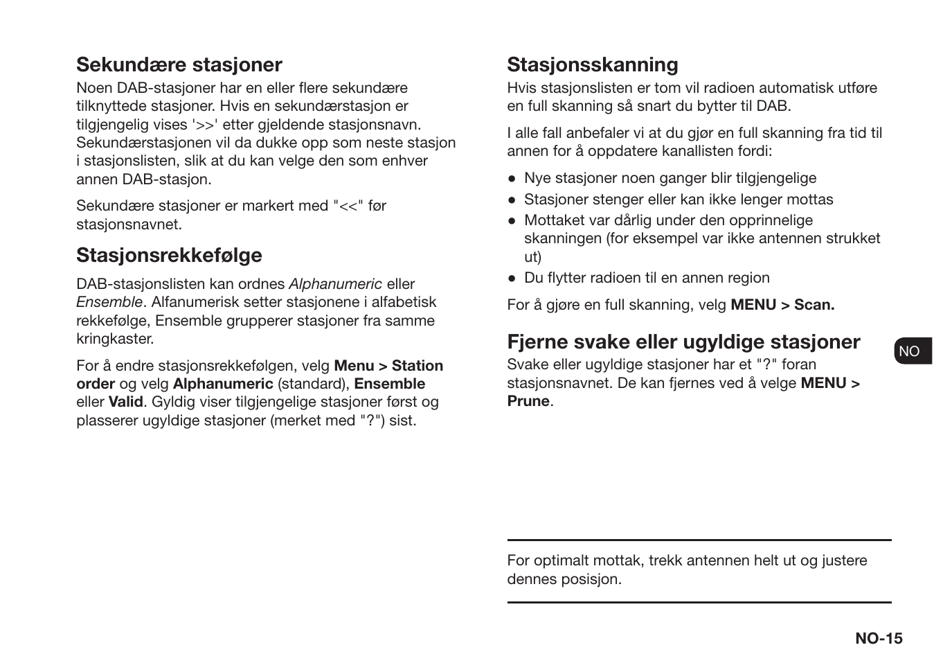 Sekundære stasjoner, Stasjonsrekkefølge, Stasjonsskanning | Fjerne svake eller ugyldige stasjoner | Ruark Audio R1 (mk3) User Manual | Page 155 / 160
