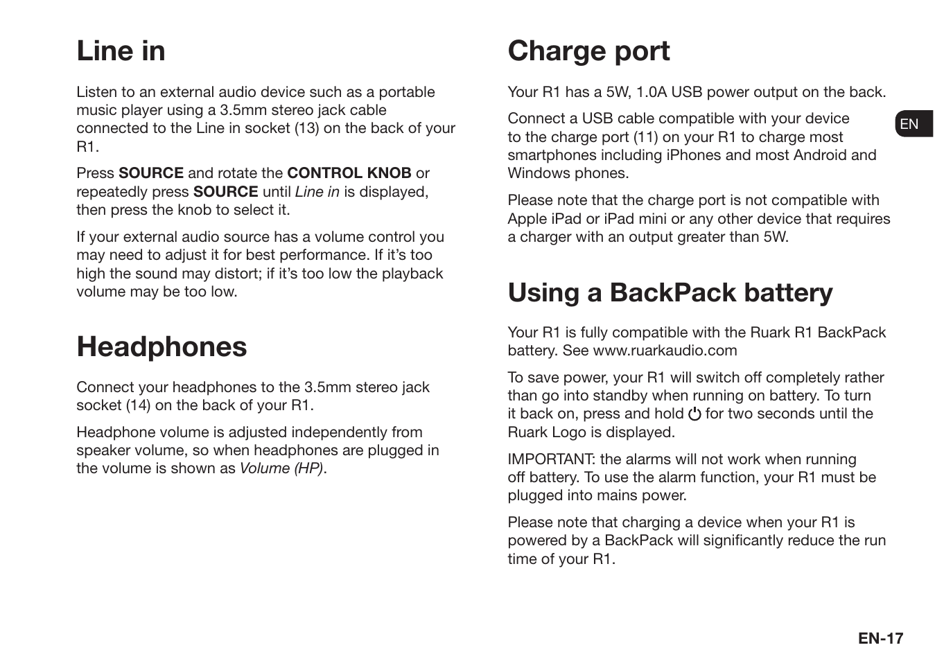Line in charge port, Headphones, Using a backpack battery | Ruark Audio R1 (mk3) User Manual | Page 17 / 160