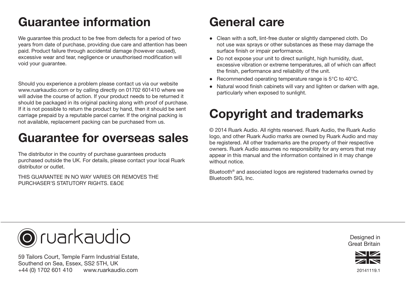 Guarantee information, Guarantee for overseas sales, General care | Copyright and trademarks | Ruark Audio R1 (mk3) User Manual | Page 20 / 160