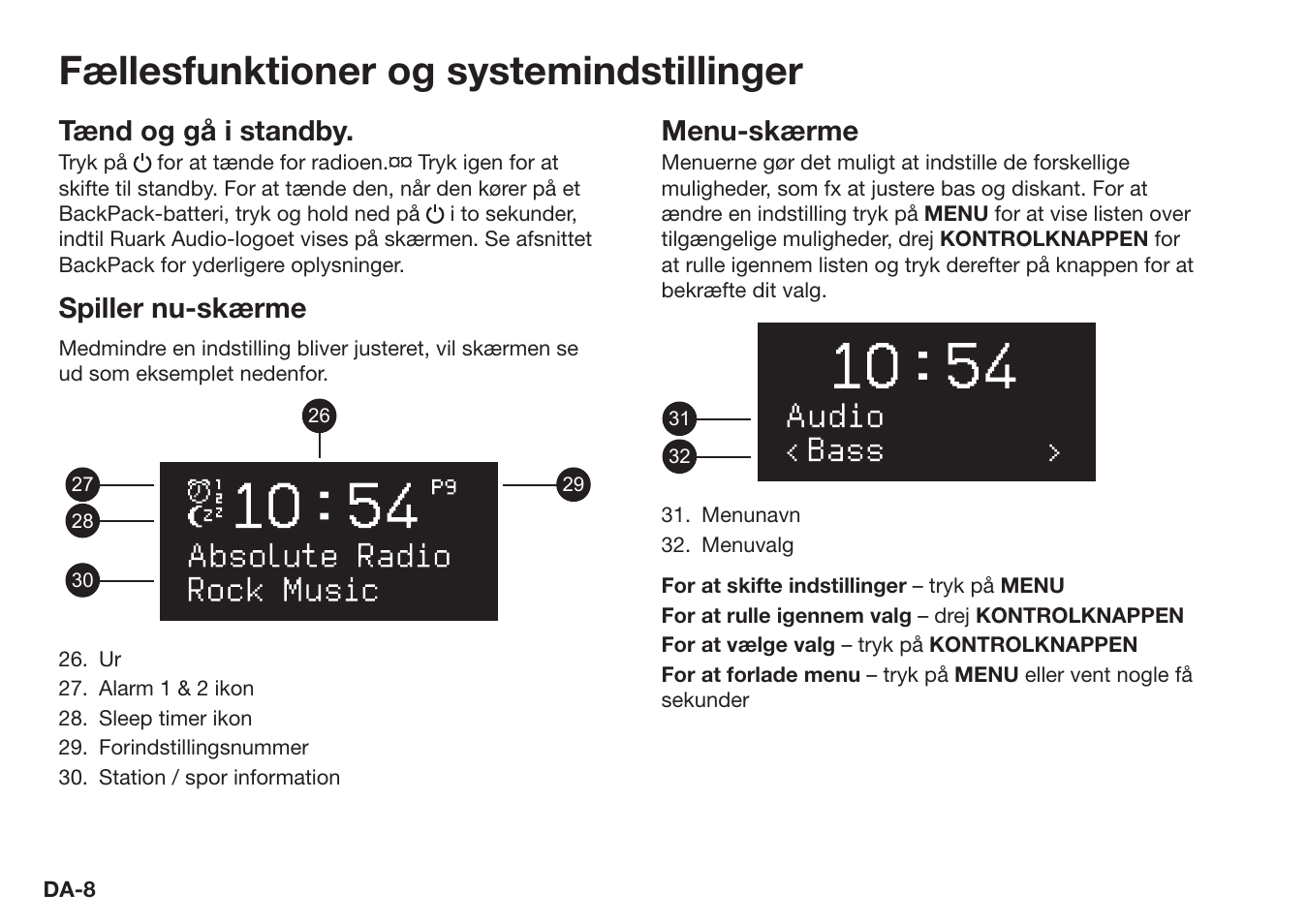 Fællesfunktioner og systemindstillinger, Tænd og gå i standby, Spiller nu-skærme | Menu-skærme | Ruark Audio R1 (mk3) User Manual | Page 28 / 160