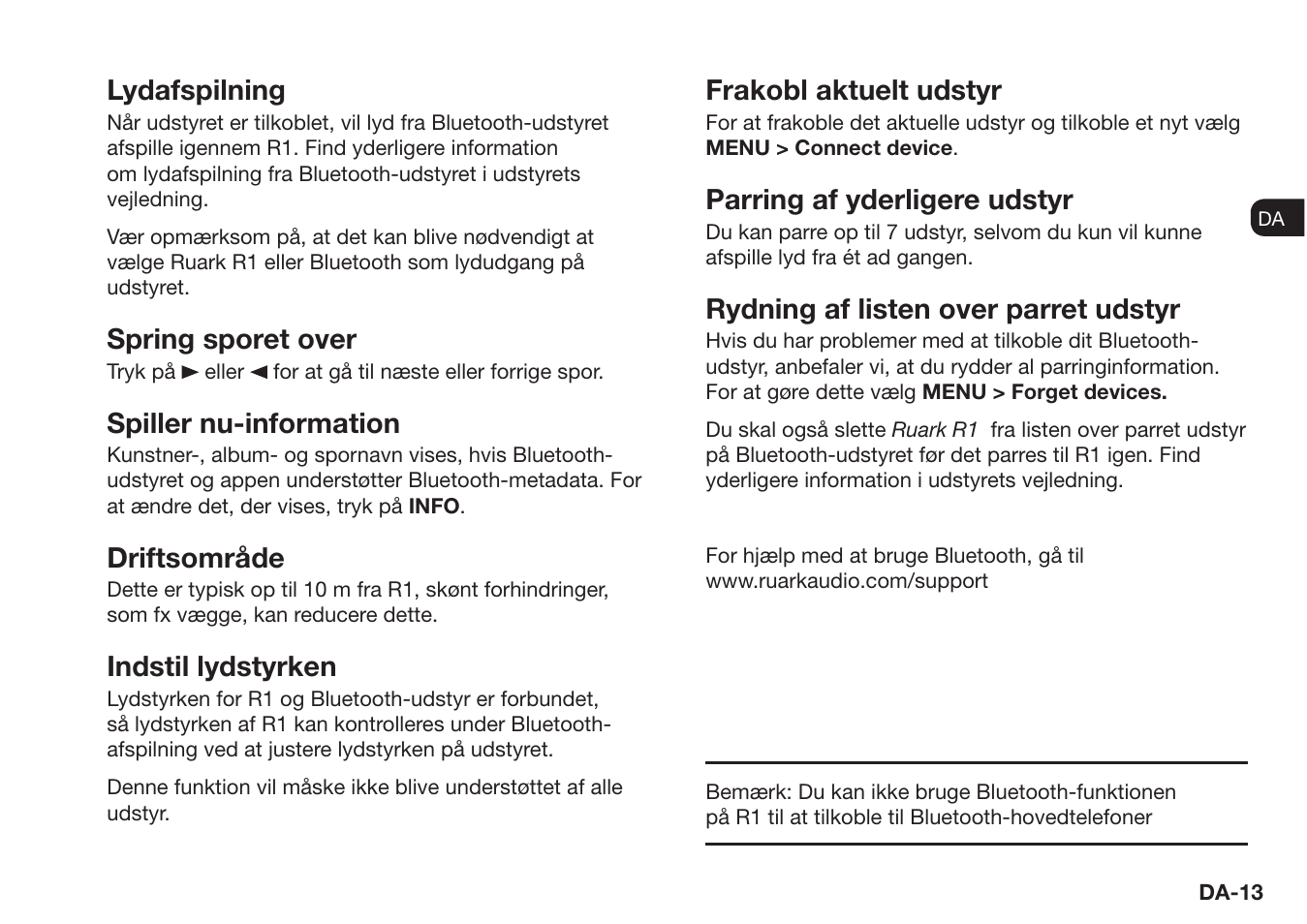 Lydafspilning, Spring sporet over, Spiller nu-information | Driftsområde, Indstil lydstyrken, Frakobl aktuelt udstyr, Parring af yderligere udstyr, Rydning af listen over parret udstyr | Ruark Audio R1 (mk3) User Manual | Page 33 / 160