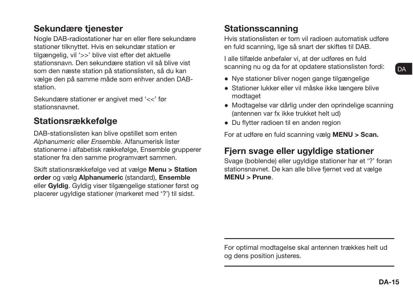 Sekundære tjenester, Stationsrækkefølge, Stationsscanning | Fjern svage eller ugyldige stationer | Ruark Audio R1 (mk3) User Manual | Page 35 / 160