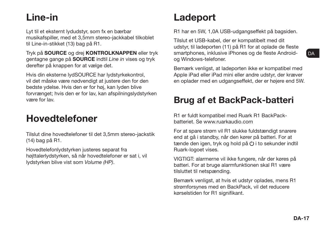 Line-in ladeport, Hovedtelefoner, Brug af et backpack-batteri | Ruark Audio R1 (mk3) User Manual | Page 37 / 160