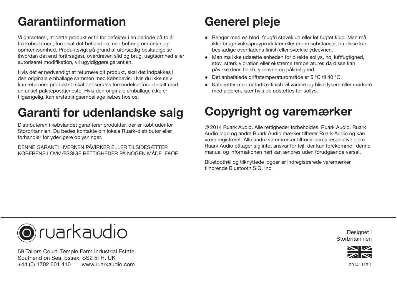 Garantiinformation, Garanti for udenlandske salg, Generel pleje | Copyright og varemærker | Ruark Audio R1 (mk3) User Manual | Page 40 / 160