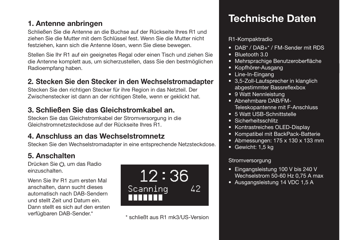 Technische daten, Antenne anbringen, Stecken sie den stecker in den wechselstromadapter | Schließen sie das gleichstromkabel an, Anschluss an das wechselstromnetz, Anschalten | Ruark Audio R1 (mk3) User Manual | Page 47 / 160