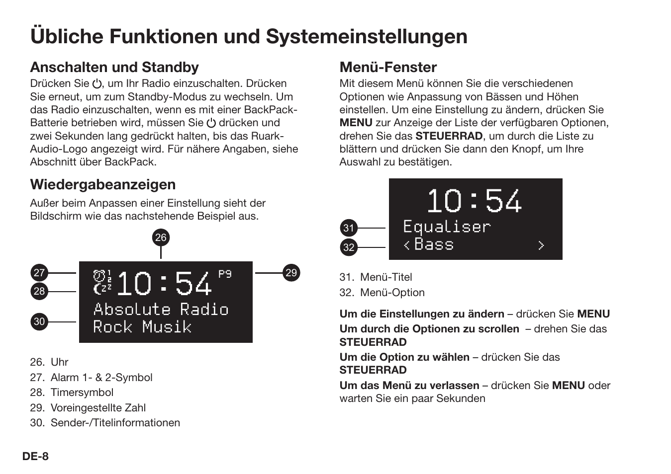 Übliche funktionen und systemeinstellungen, Anschalten und standby, Wiedergabeanzeigen | Menü-fenster | Ruark Audio R1 (mk3) User Manual | Page 48 / 160
